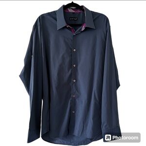 Jared Lang Button Front Shirt in Blue with Velvet Trim & Pink Plaid Contrast XL